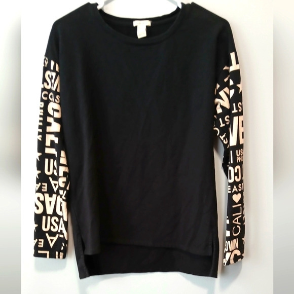 Forever 21 Black Long Sleeve Shirt with Graphic Sleeves Women's Small Casual - Picture 1 of 5